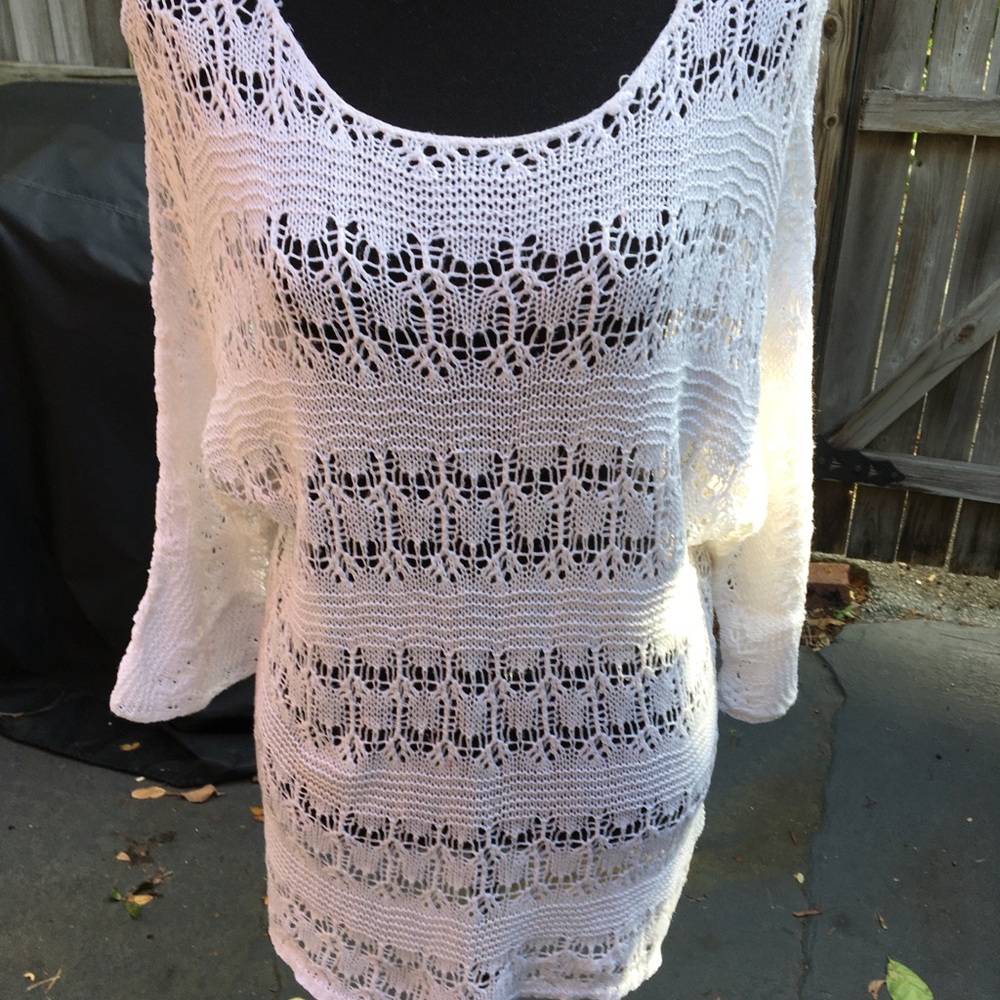 Valerie Bertinelli White Crocheted Linen Tunic Top Size Small